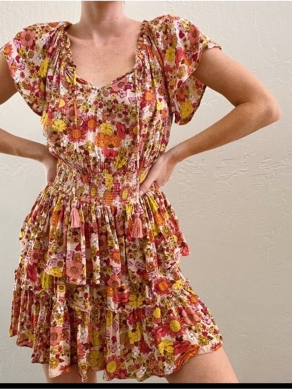 Patrons of Peace Floral Tiered Smocked Waist Mini Dress in Pink